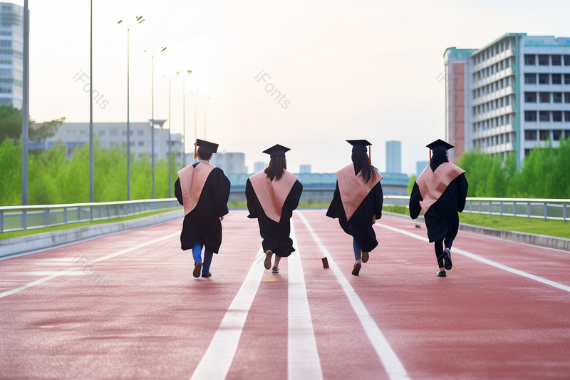 大学校园毕业照红色跑道上的年轻大学生背影摄影图,高清,摄影图,摄影图片,图片大全,摄影图免费下载